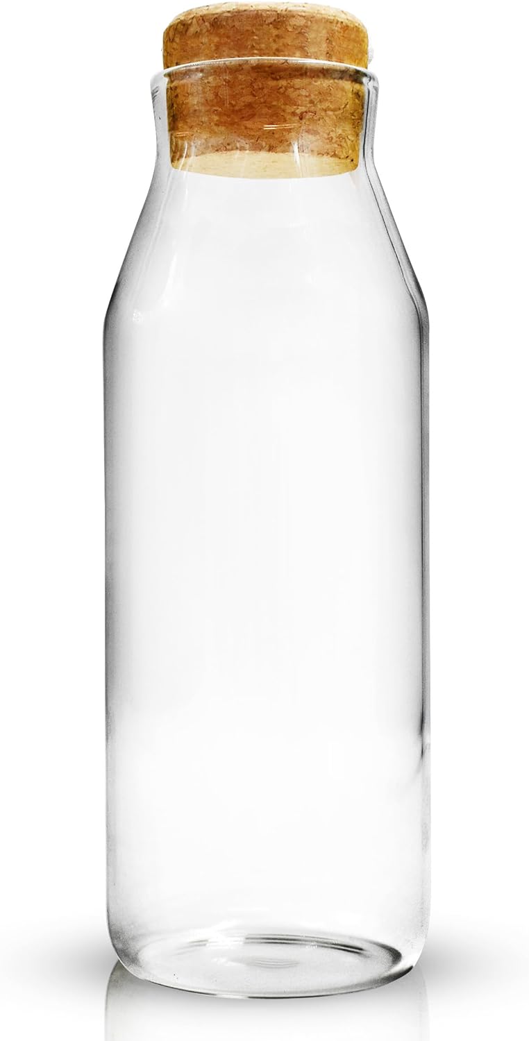 Water Carafe - 1000ml Glass Carafe with Lid - Glass Water Bottle with Cork Lid - Bedside Water Carafe for Cold Drink, Milk, Juice Jars - Versatile Glass Bottles for Detergent Storage