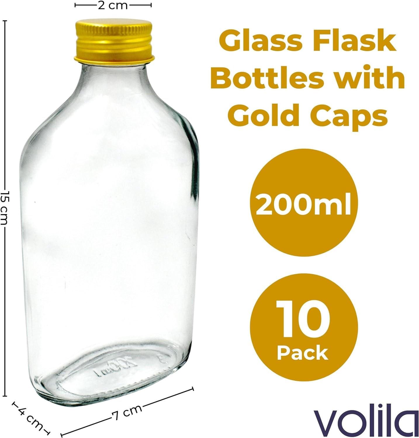 volila Glass Flask Bottles - Glass Bottles with Gold Screw Caps, Labels and Pen - Reusable Empty Glass Bottles for Gin, Home brews or Homemade Vinegar