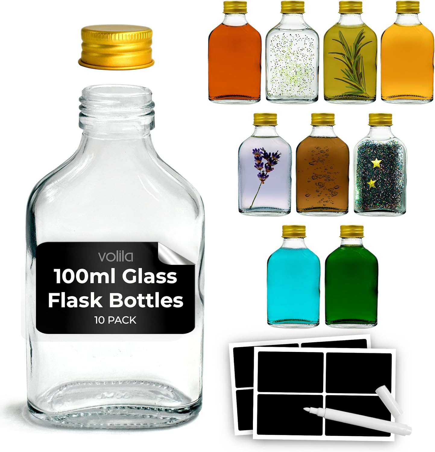 volila Glass Flask Bottles - Glass Bottles with Gold Screw Caps, Labels and Pen - Reusable Empty Glass Bottles for Gin, Home brews or Homemade Vinegar