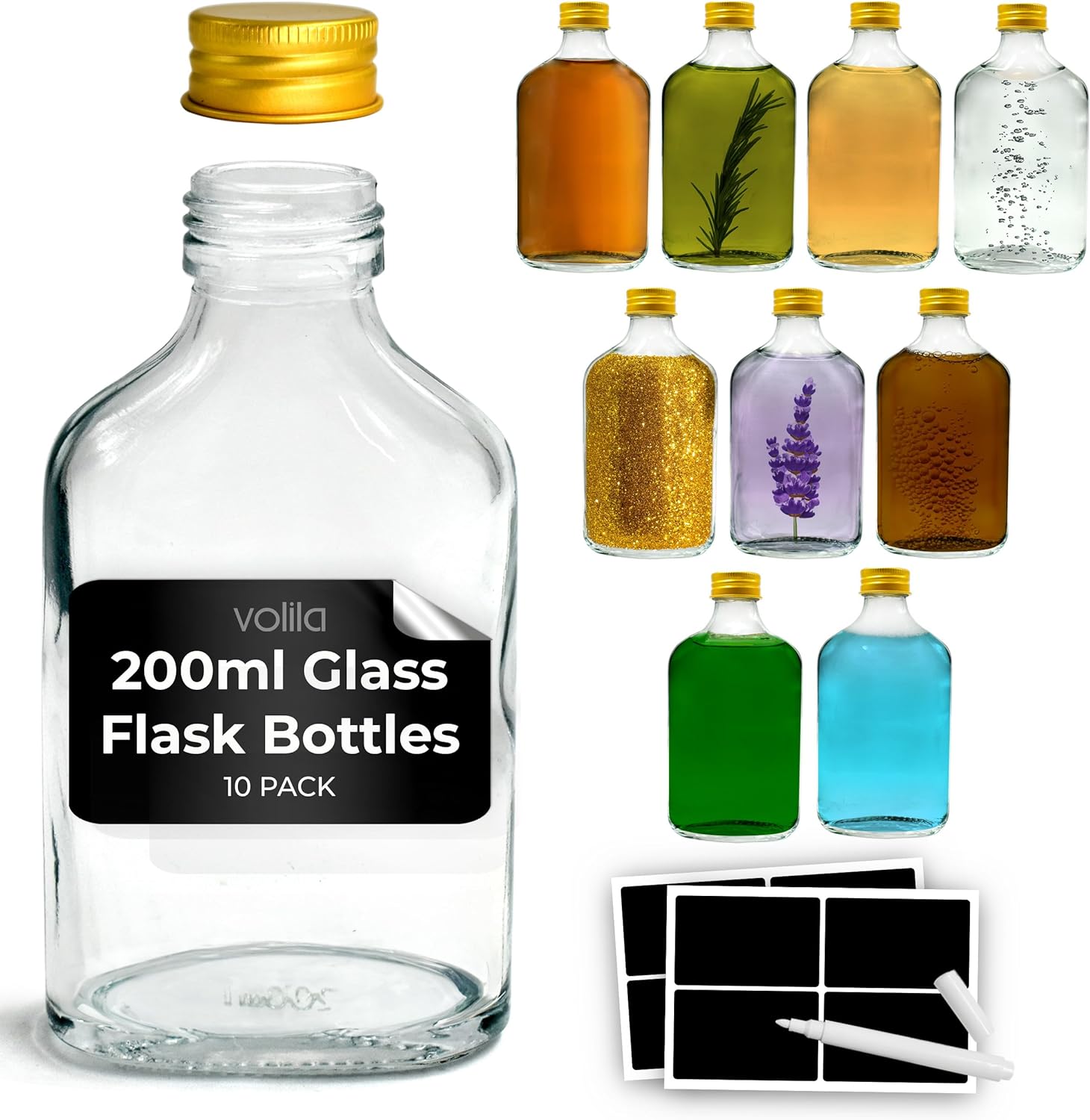 volila Glass Flask Bottles - Glass Bottles with Gold Screw Caps, Labels and Pen - Reusable Empty Glass Bottles for Gin, Home brews or Homemade Vinegar