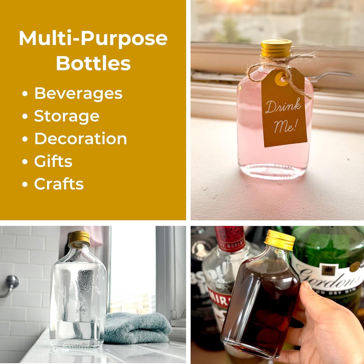 volila Glass Flask Bottles - Glass Bottles with Gold Screw Caps, Labels and Pen - Reusable Empty Glass Bottles for Gin, Home brews or Homemade Vinegar