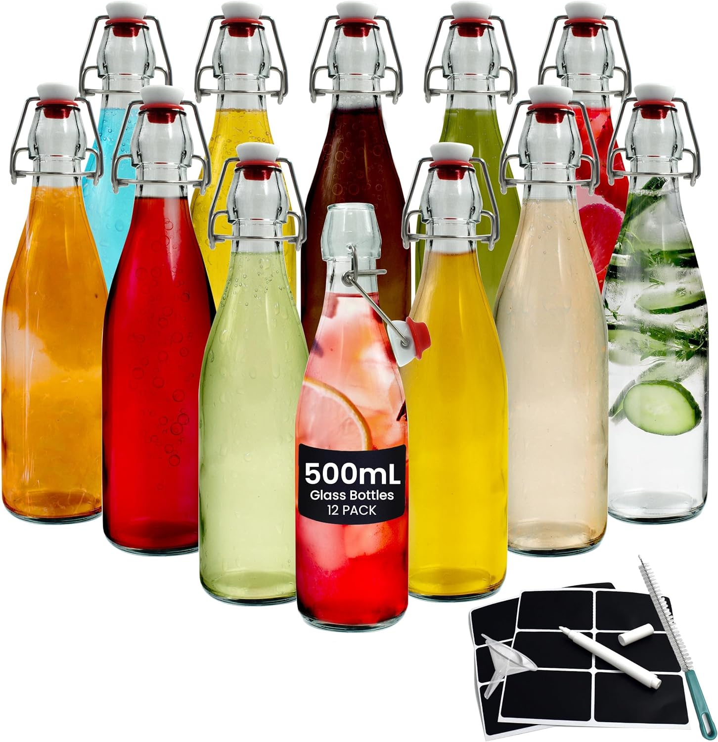 Glass Bottles with Stoppers - Clear Swing Top Bottles for Homebrewing and Beverages - 1L Flip Top Bottles with Leak Proof Caps, Labels, Pen, Funnel, Brush and Red Rubber Gasket