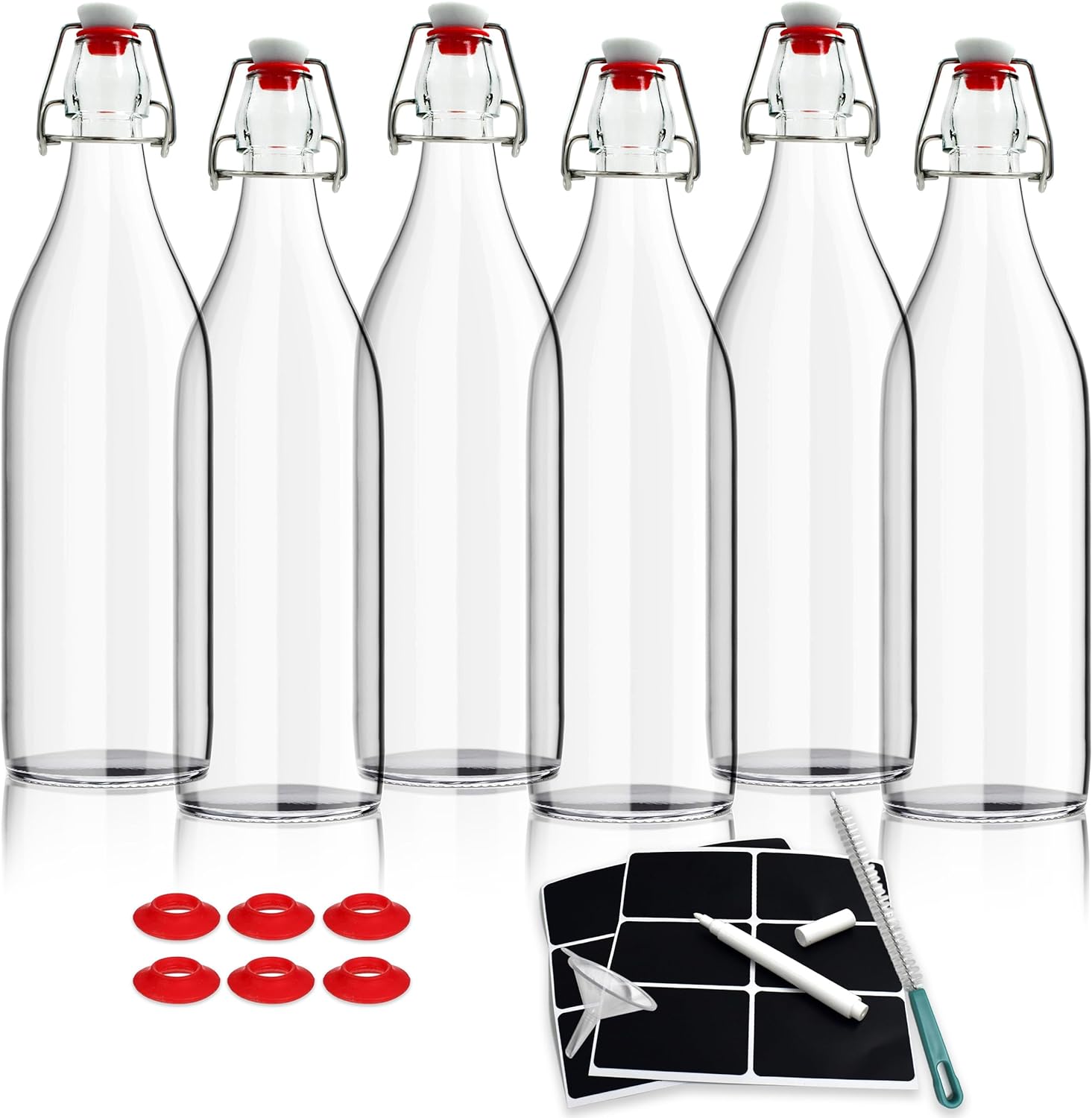 Glass Bottles with Stoppers - Clear Swing Top Bottles for Homebrewing and Beverages - 1L Flip Top Bottles with Leak Proof Caps, Labels, Pen, Funnel, Brush and Red Rubber Gasket