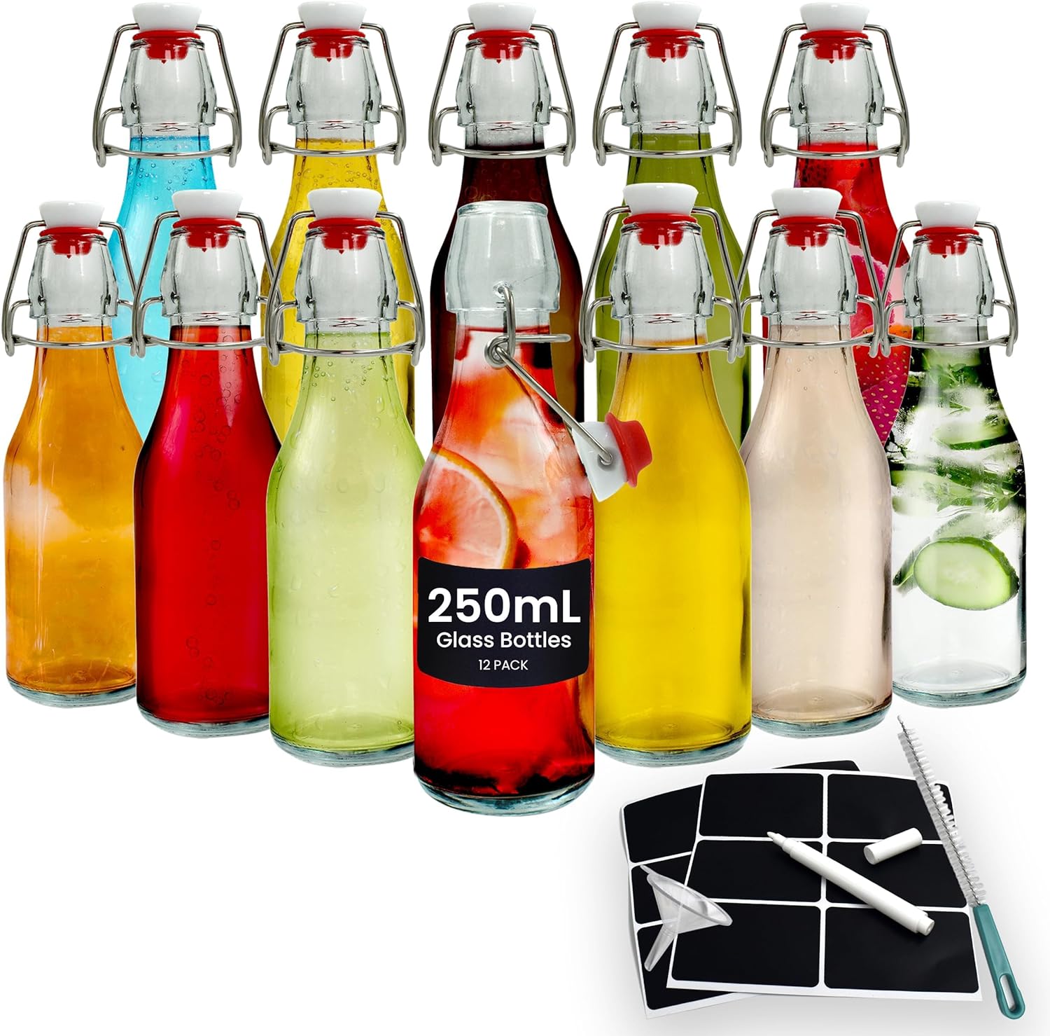 Glass Bottles with Stoppers - Clear Swing Top Bottles for Homebrewing and Beverages - 1L Flip Top Bottles with Leak Proof Caps, Labels, Pen, Funnel, Brush and Red Rubber Gasket