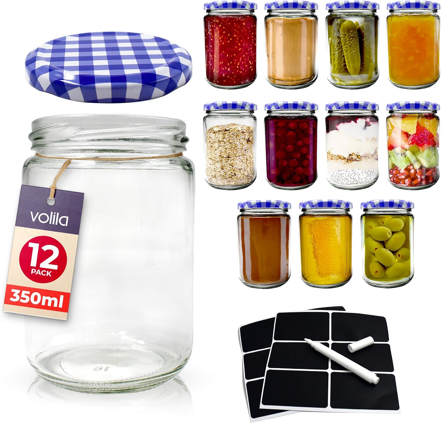 volila Jam Jars - Jars for Jam with Screw Top Lids - Airtight Glass Jars with Lids for your Homemade Jam, Marmalade and Chutney - Jam Jars with Lids