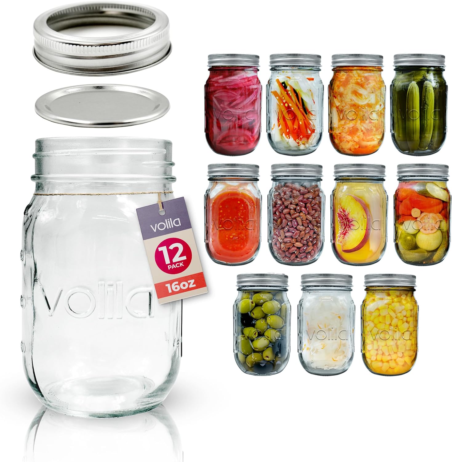 Mason Jars with Lids - Multipurpose Glass Jars with Lids, Overnight Oats Jar, Pickling Jars, Canning Jars, Preserving Jars, Meal Prep Jars - Airtight Glass Jars