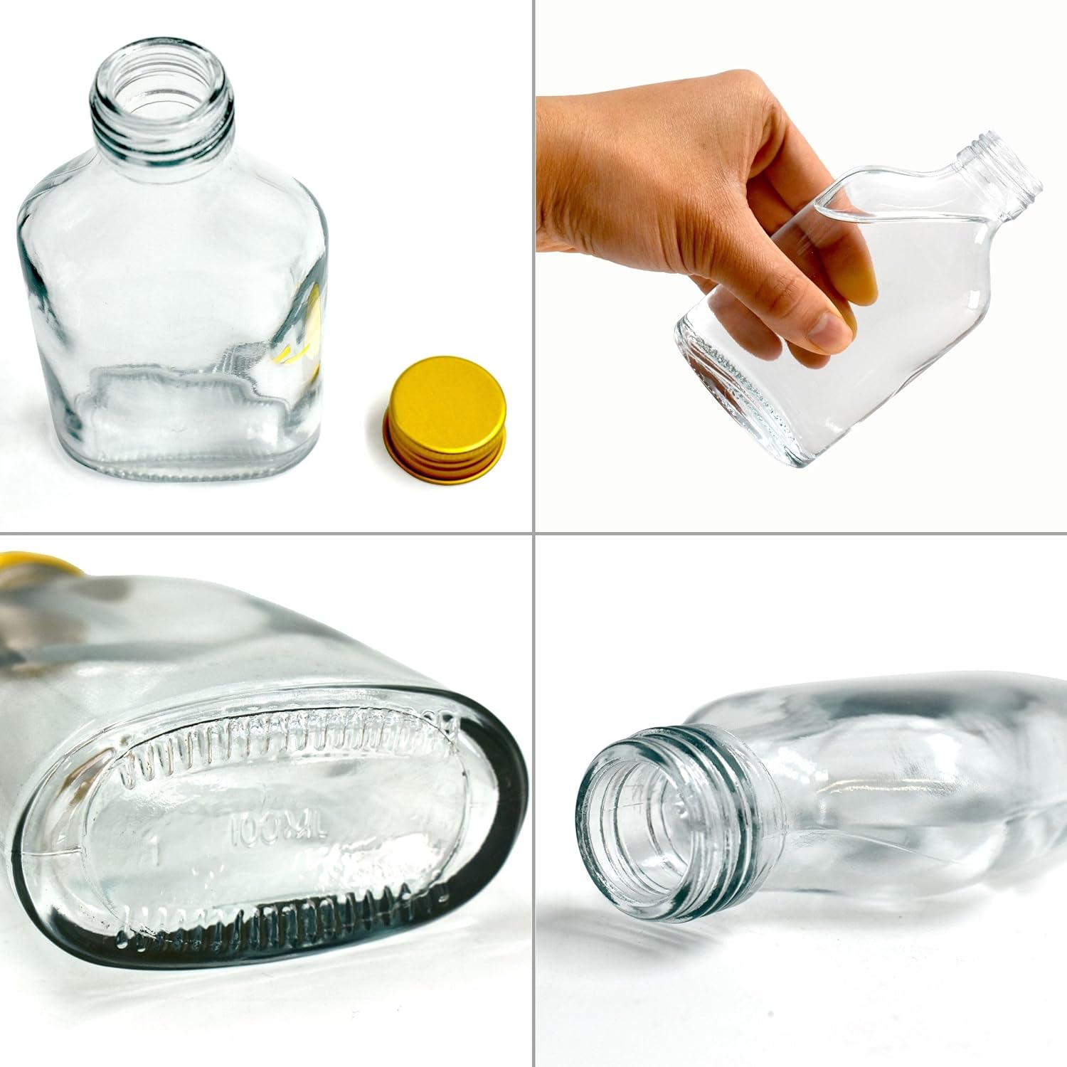 volila Glass Flask Bottles - Glass Bottles with Gold Screw Caps, Labels and Pen - Reusable Empty Glass Bottles for Gin, Home brews or Homemade Vinegar